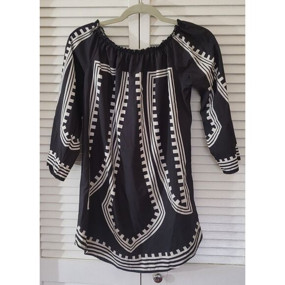 Tribal Print Gathered Neckline Top Women Black 3/4 Sleeve Size L - Picture 2 of 3